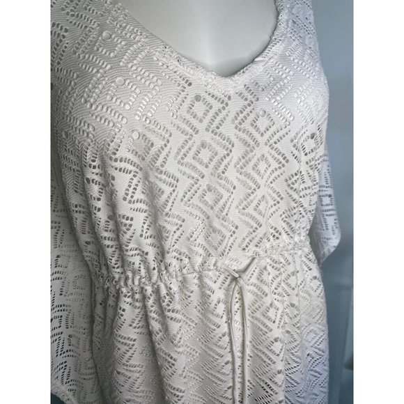 Tahiti Crochet Swim Cover Up Womens White V Neck Boho Dress XL Adjust Waist VTG - Picture 11 of 16